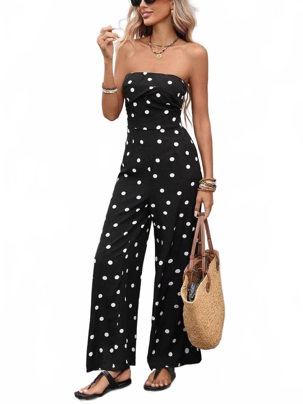NEW SUHKASANA polka dot strapless wide leg jumpsuit in black